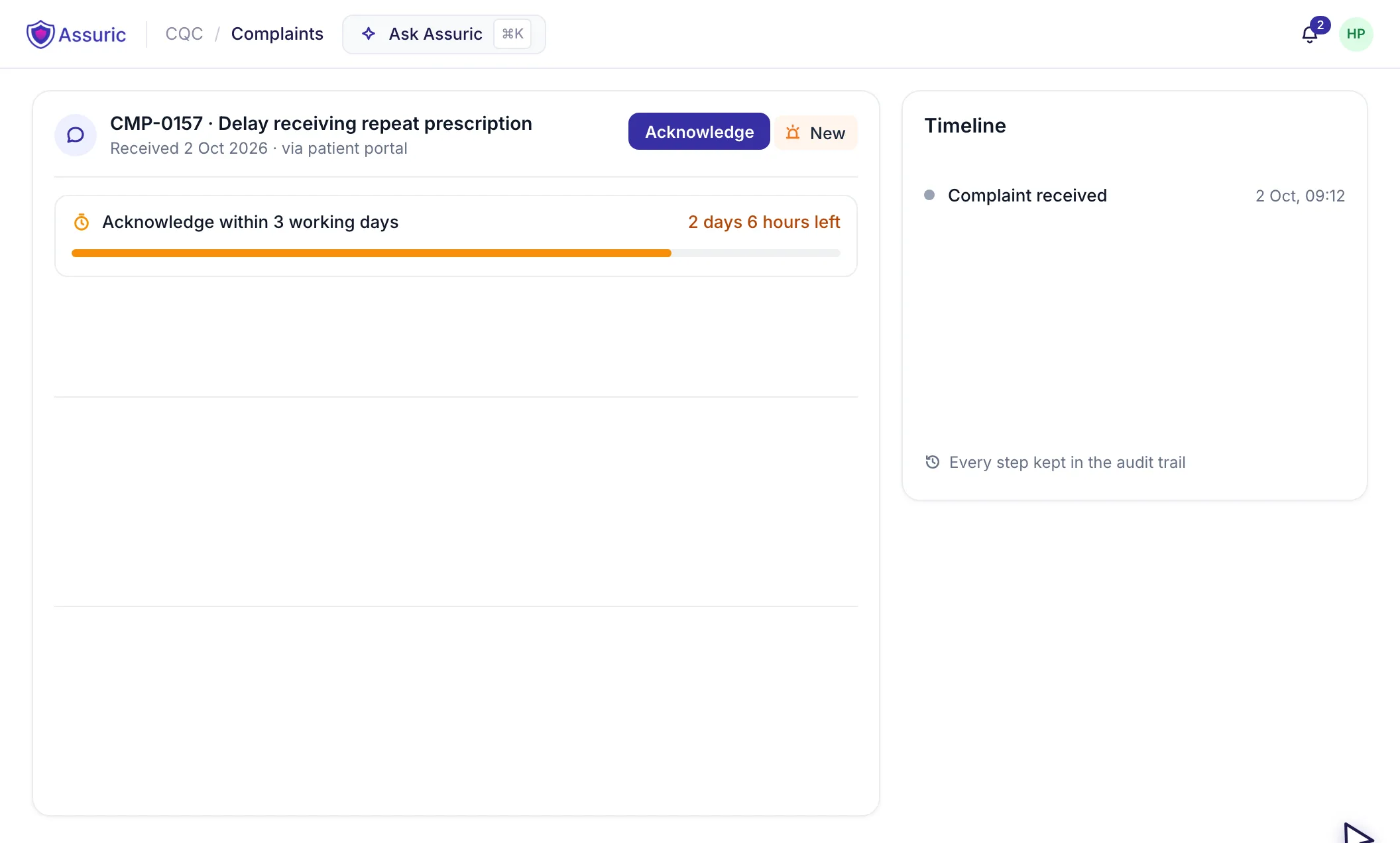 A complaint received through the patient portal, with the acknowledgement deadline counting down.