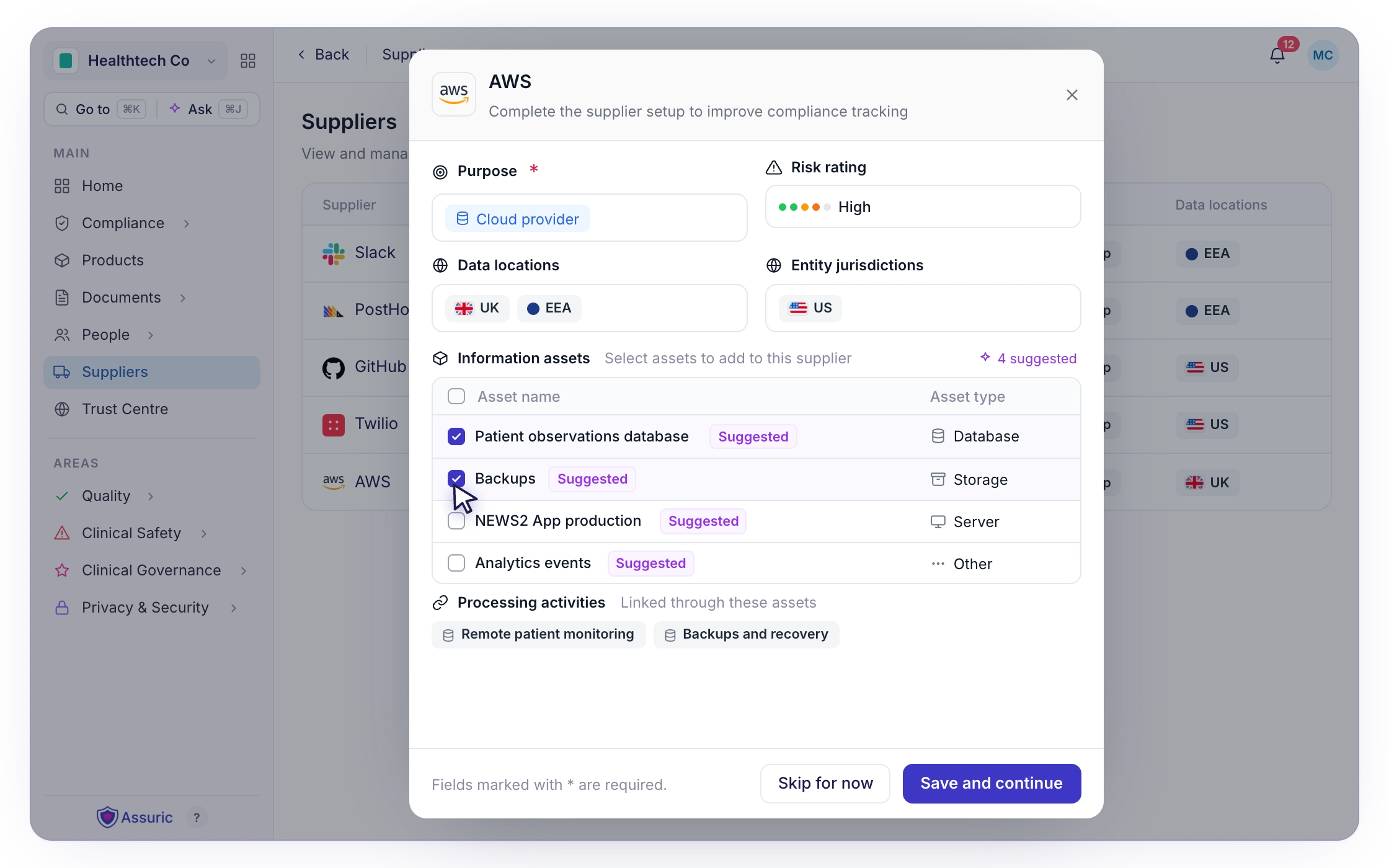 F015: Link assets to suppliers, processing activities and risks