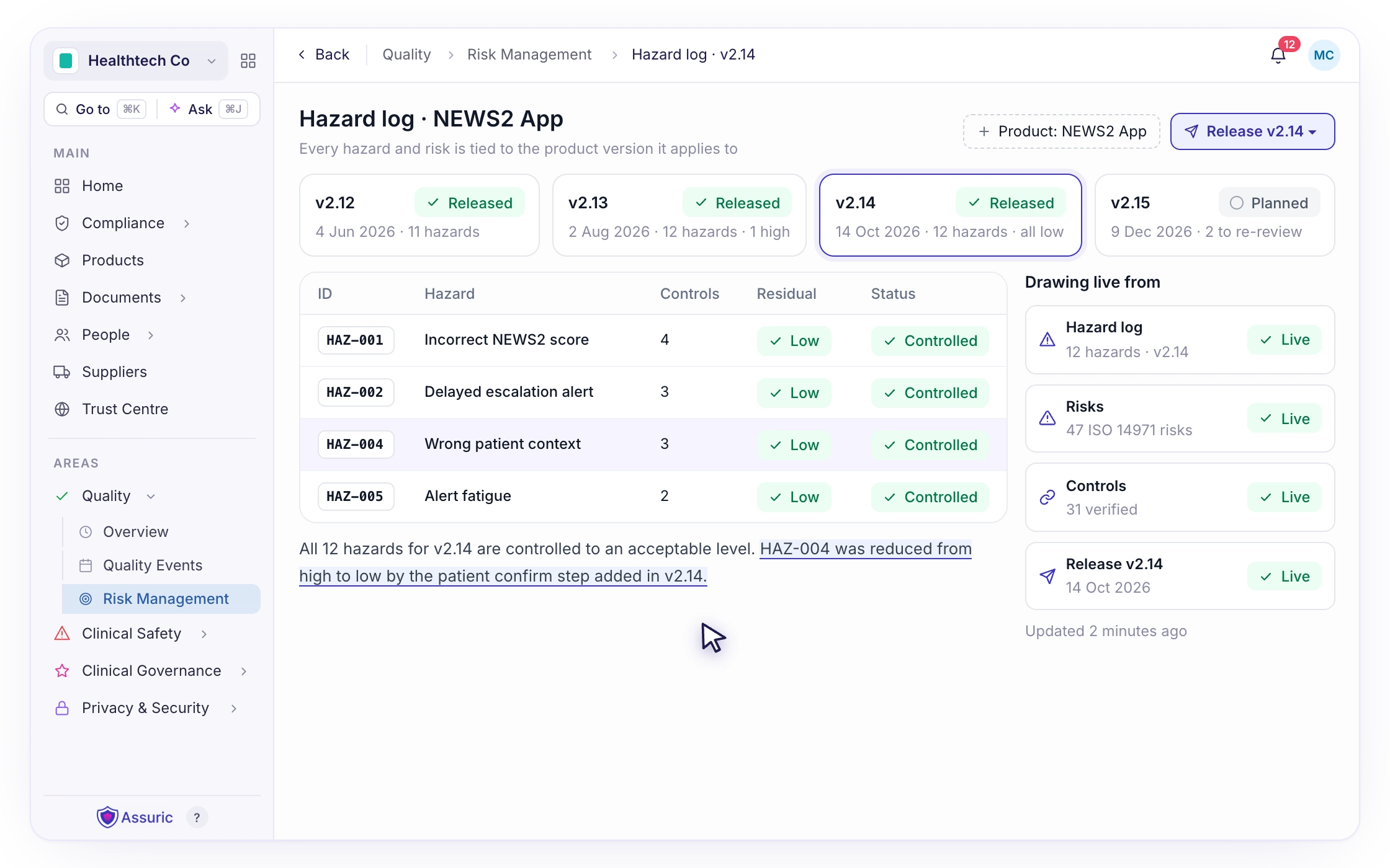 F073: See which product version each risk relates to