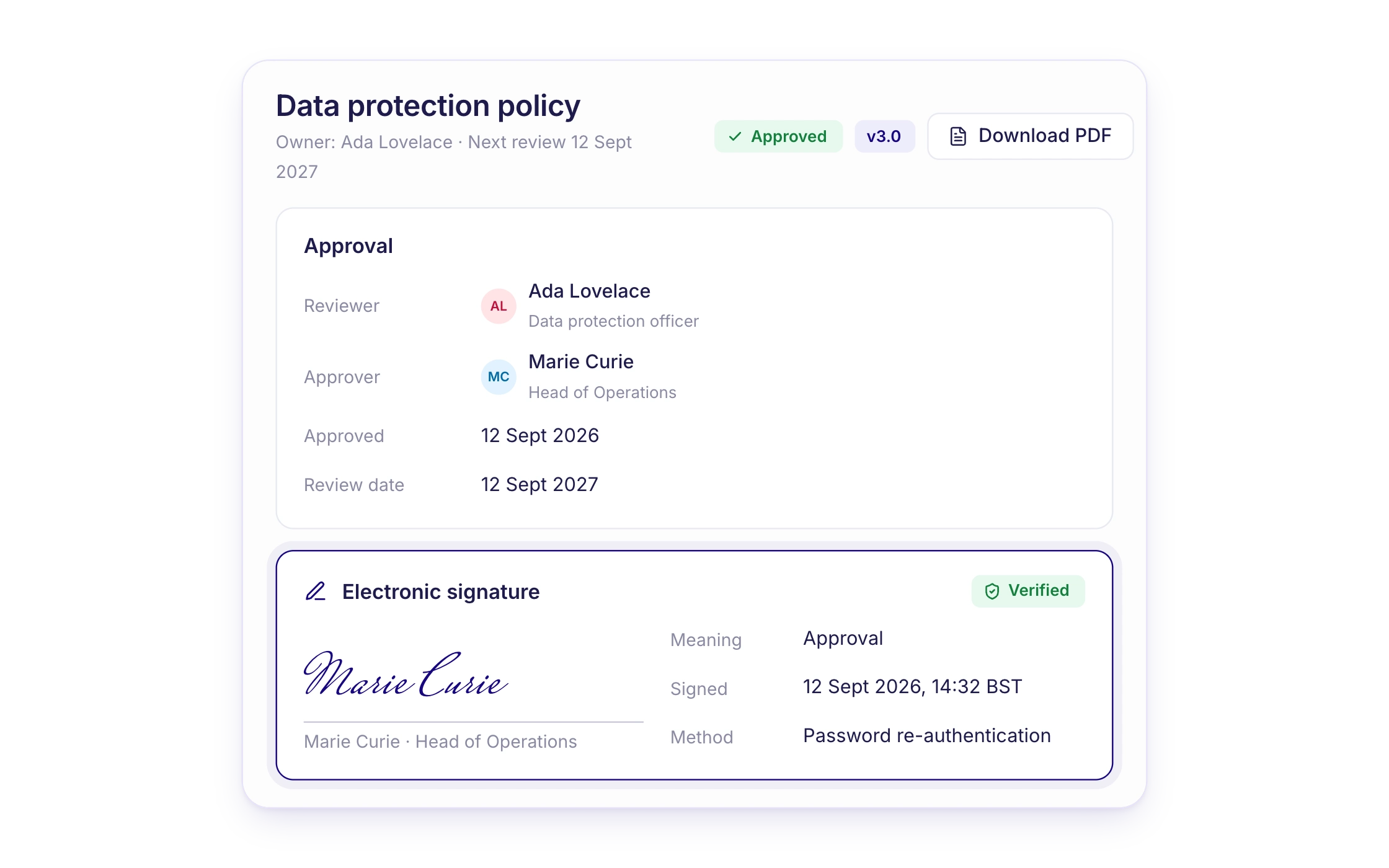A policy approved with an electronic signature